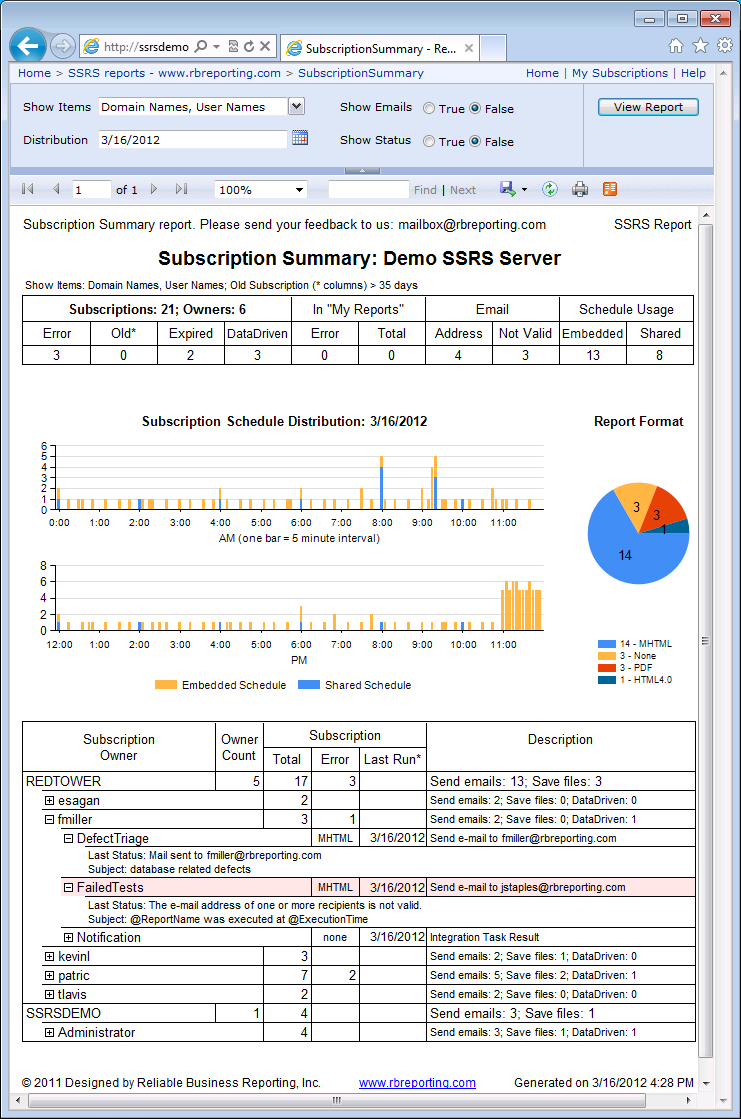 Report Execution report with visible subscription statuses