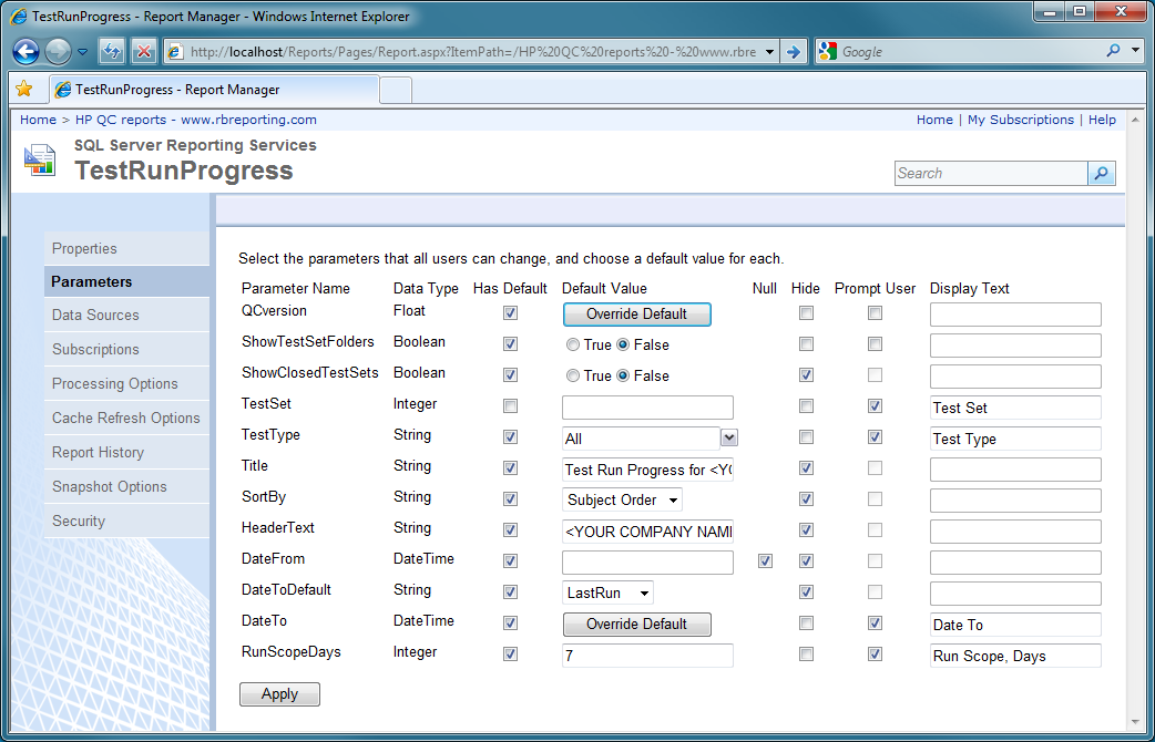 Test Run Progress report parameters